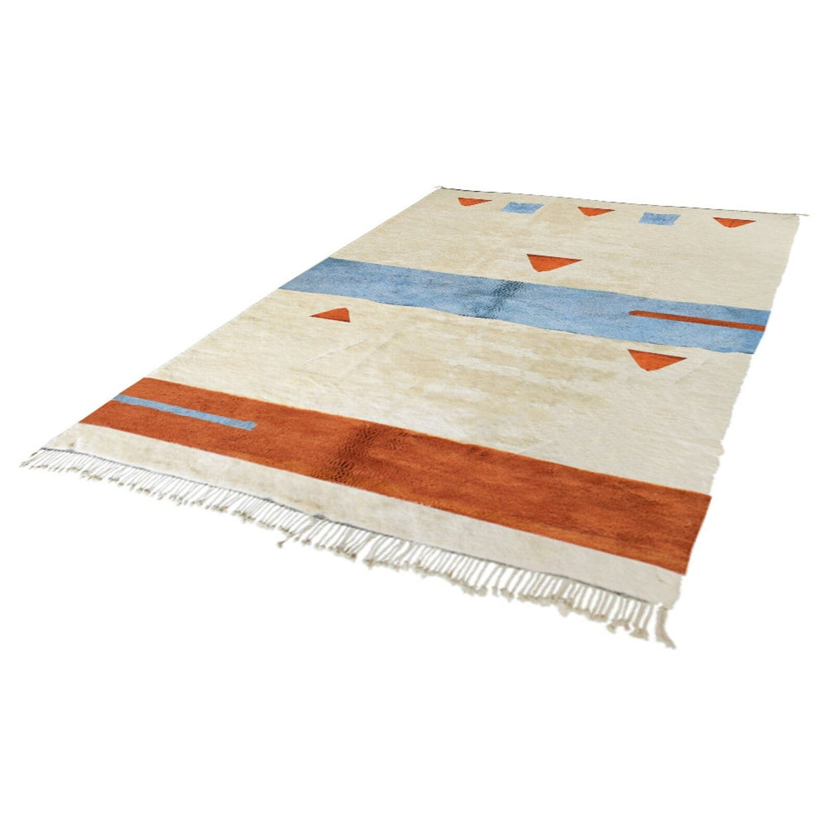 Side shot of a cream, blue, and rust geometric Moroccan rug highlighting its abstract geometric patterns.