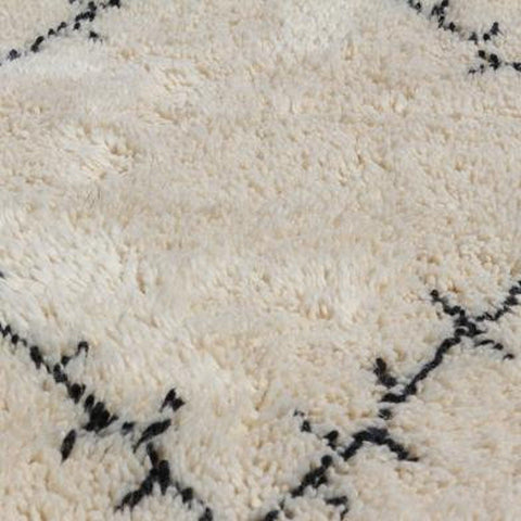 Close-up detail of the Beni Ourain Moroccan rug showcasing its geometric design and texture.