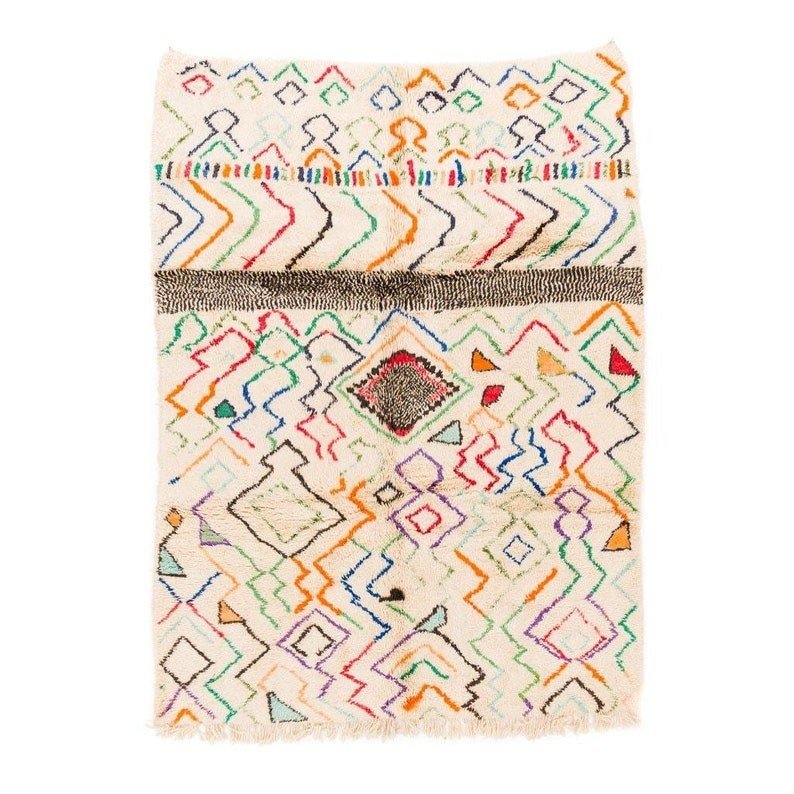 Front view of a cream Moroccan area rug with geometric patterns in orange, blue, and green.