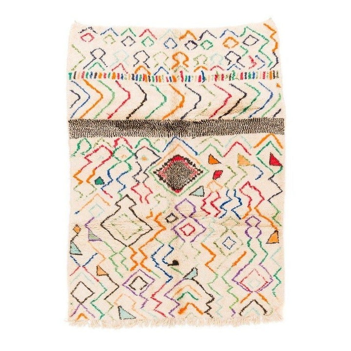 Front view of a cream Moroccan area rug with geometric patterns in orange, blue, and green.