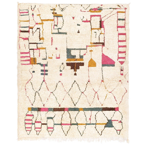 Detail close-up of a beige, red, and yellow tribal patterned Moroccan rug on a white background.