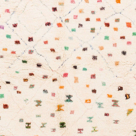 Detail view of a colorful patterned rug featuring colorful dots and a soft texture.