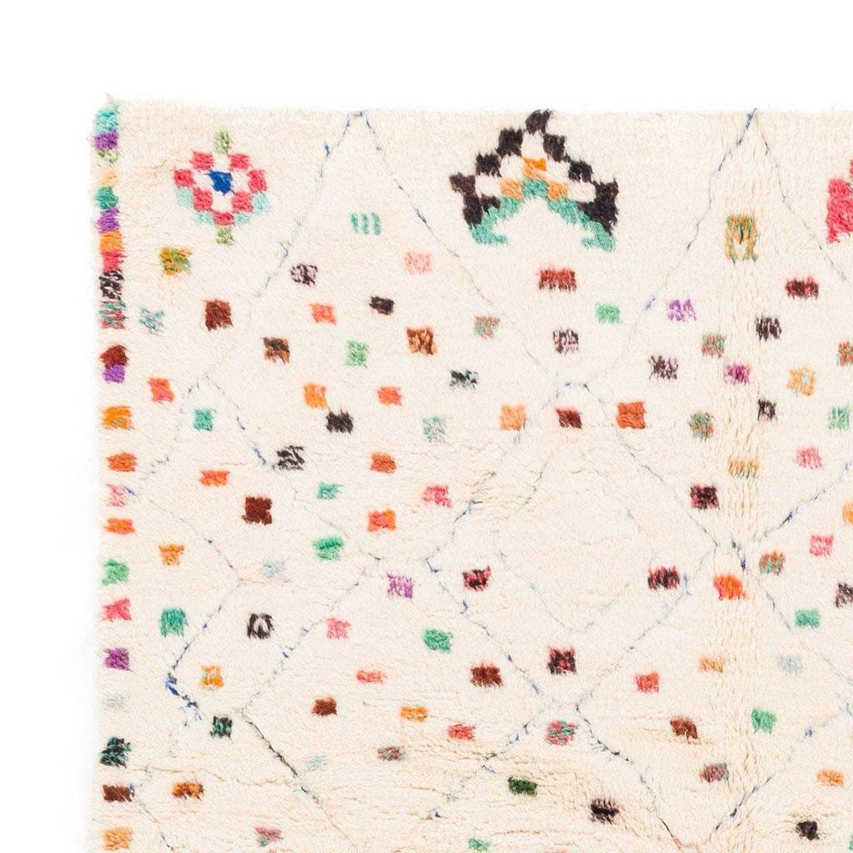 Close-up of a colorful patterned rug with geometric patterns and a soft texture.