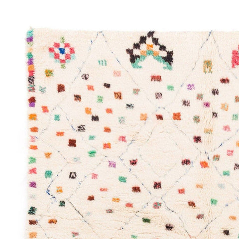 Close-up of a colorful patterned rug with geometric patterns and a soft texture.