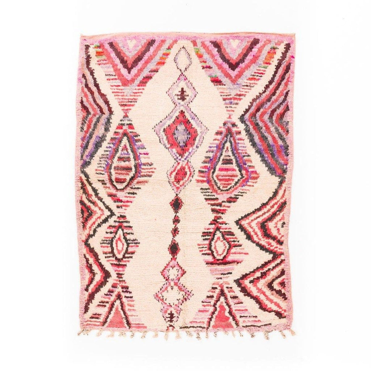 Front view of the pink geometric Azilal Moroccan rug with cream and red patterns.