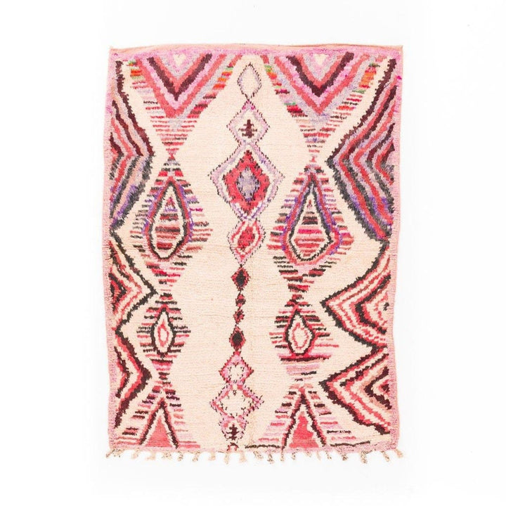 Front view of the pink geometric Azilal Moroccan rug with cream and red patterns.