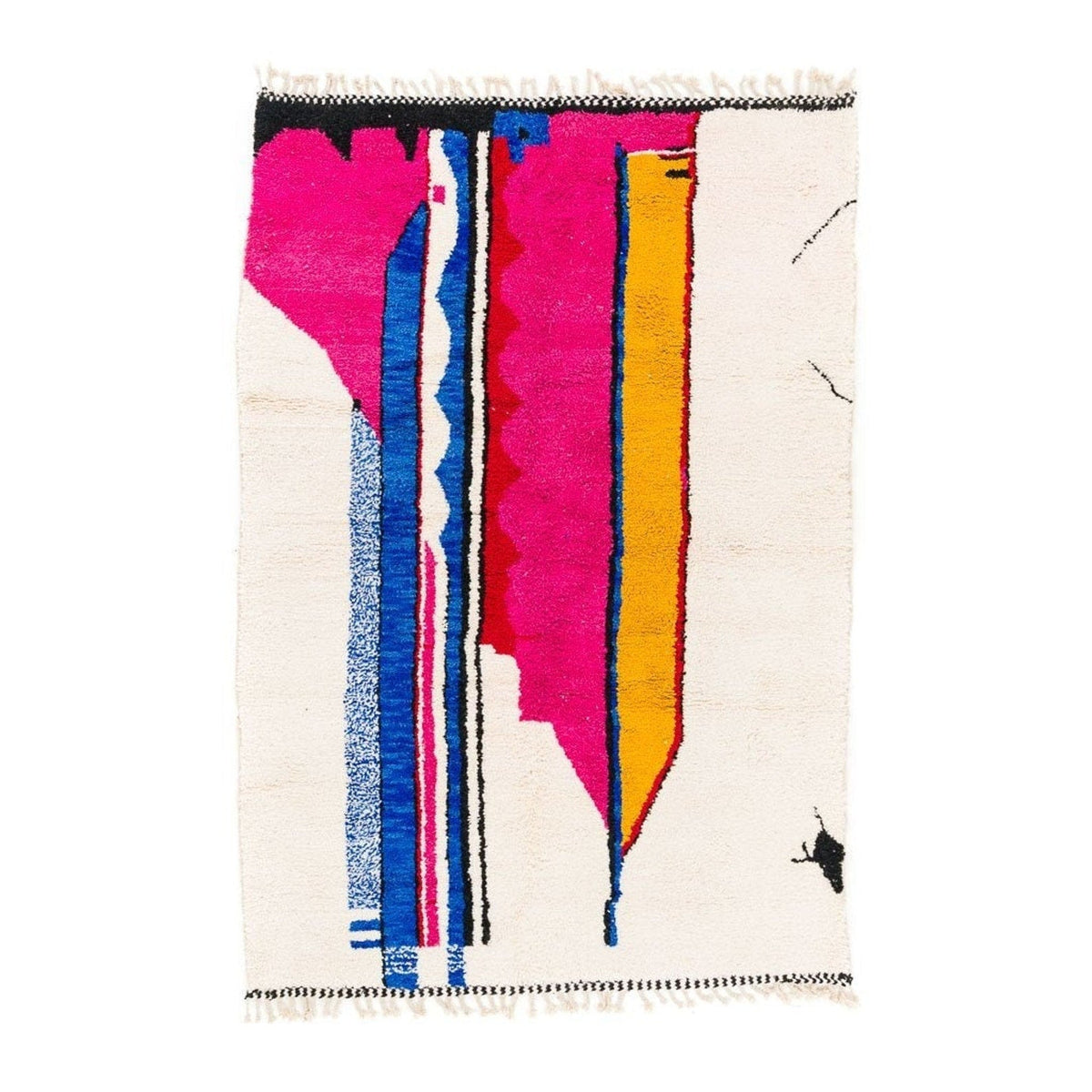 Front view of colorful Azilal Moroccan rug featuring tribal patterns in pink, blue, and yellow.