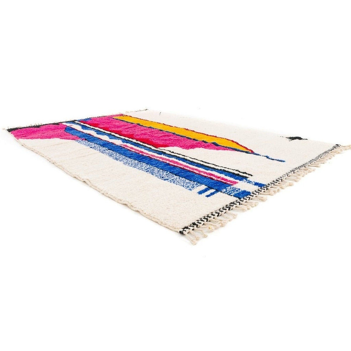 Lifestyle shot of the Azilal Moroccan rug layered in a colorful setting with soft texture.