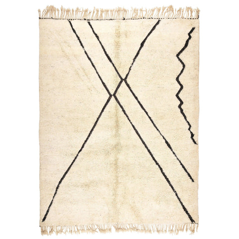 Front view of the cream geometric line rug featuring black and off-white patterns.
