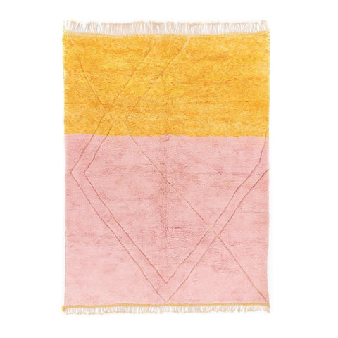 Front view of the orange and pink color block Moroccan rug with geometric design.