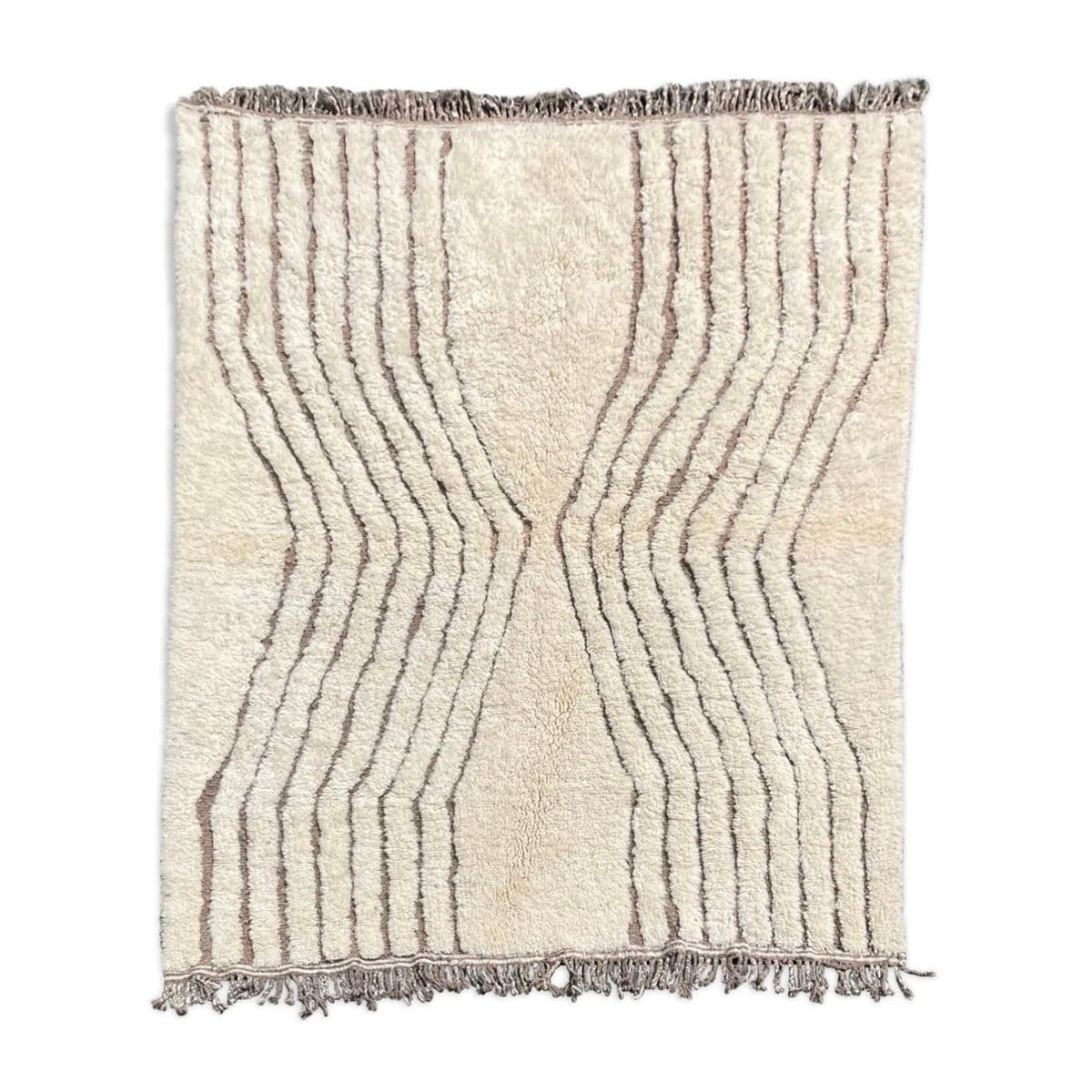Front view of the Soft Ivory Textured Custom Beni Ourain Moroccan Rug featuring a tufted brown design.