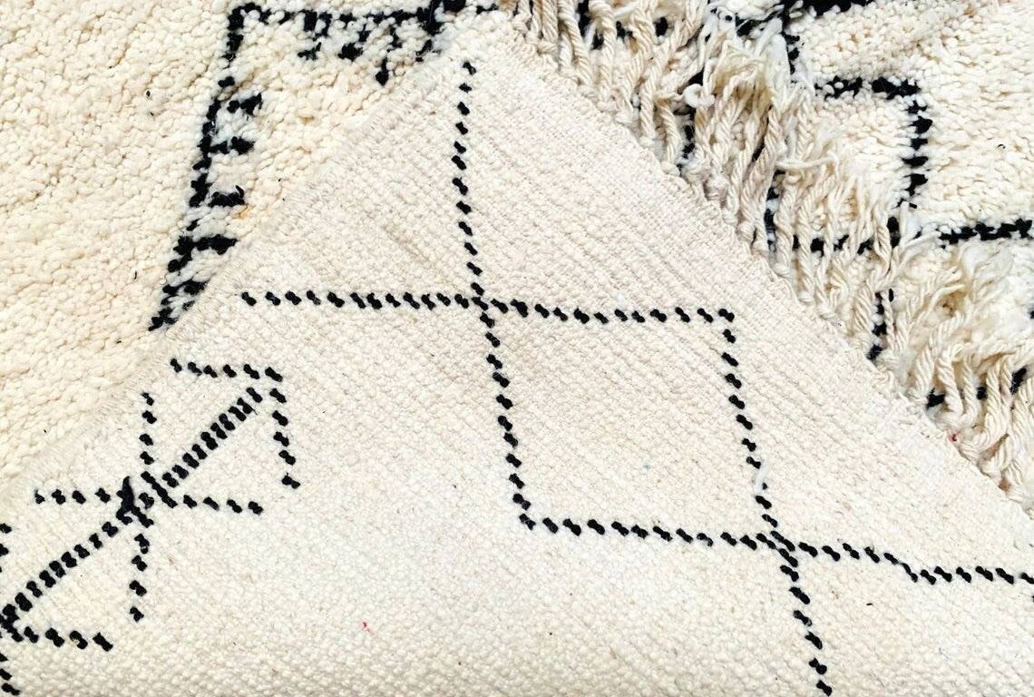 Detail close-up of a Beni Ourain rug focusing on the geometric patterns and texture in white and black.