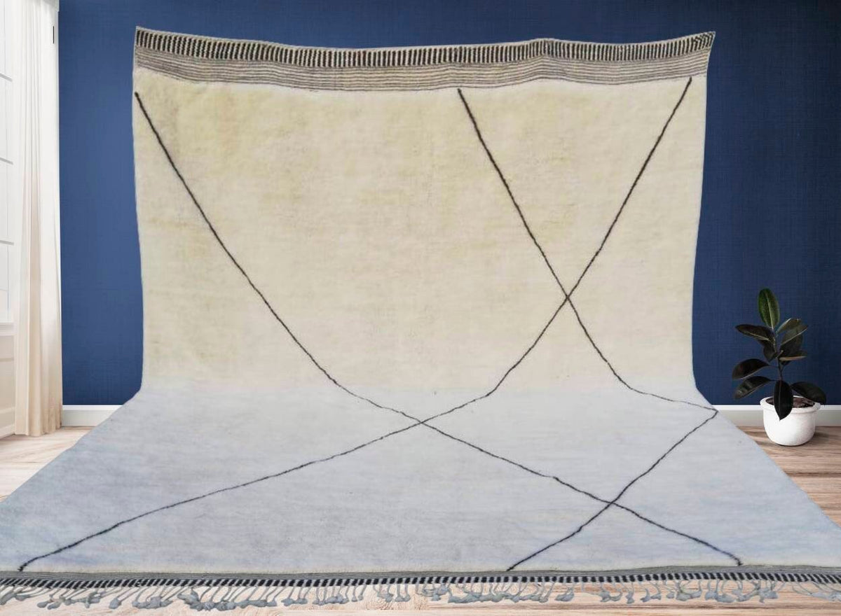 Lifestyle shot of the ivory geometric Moroccan rug featuring a soft texture and natural colors.