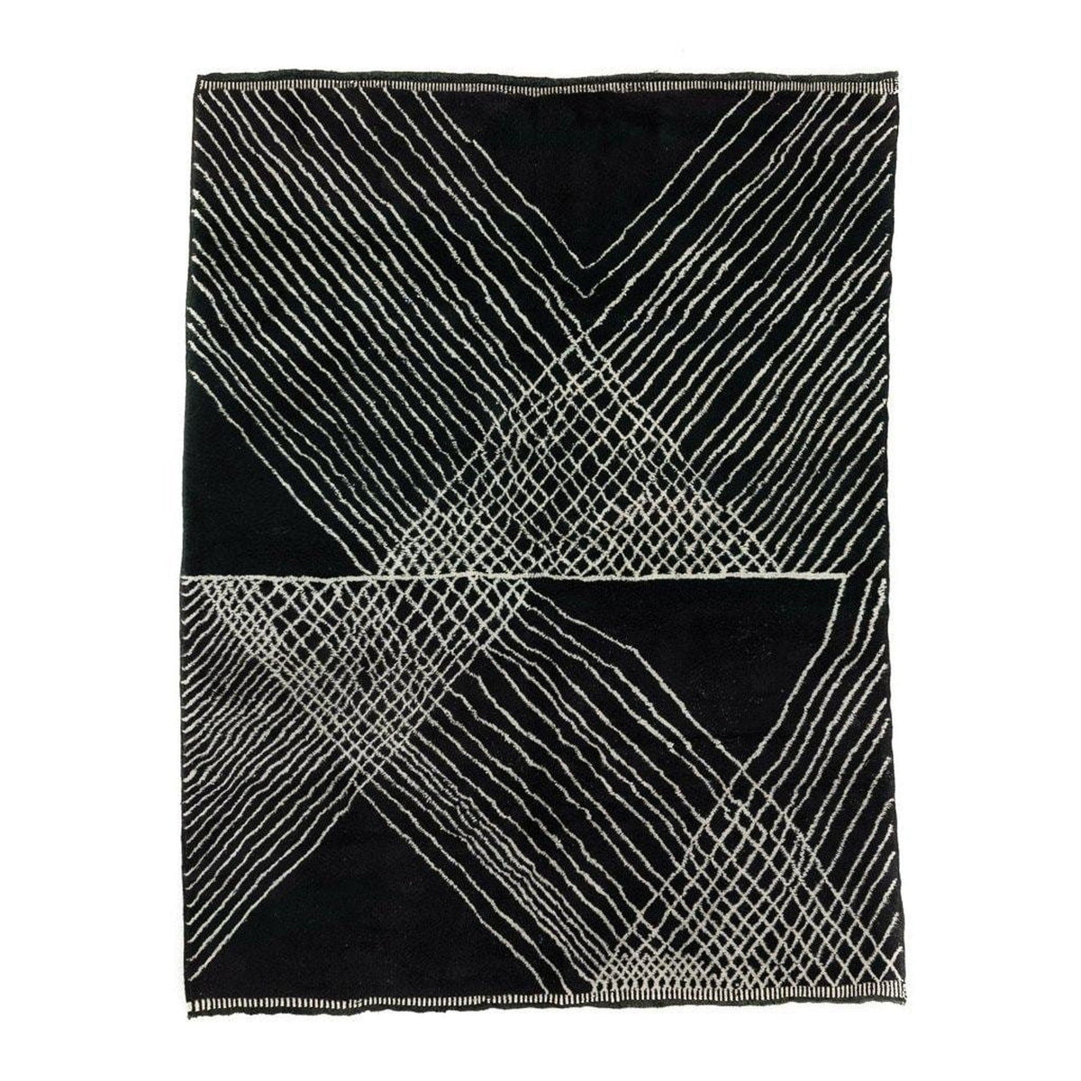 Front view of a black geometric patterned Moroccan rug with a soft texture.
