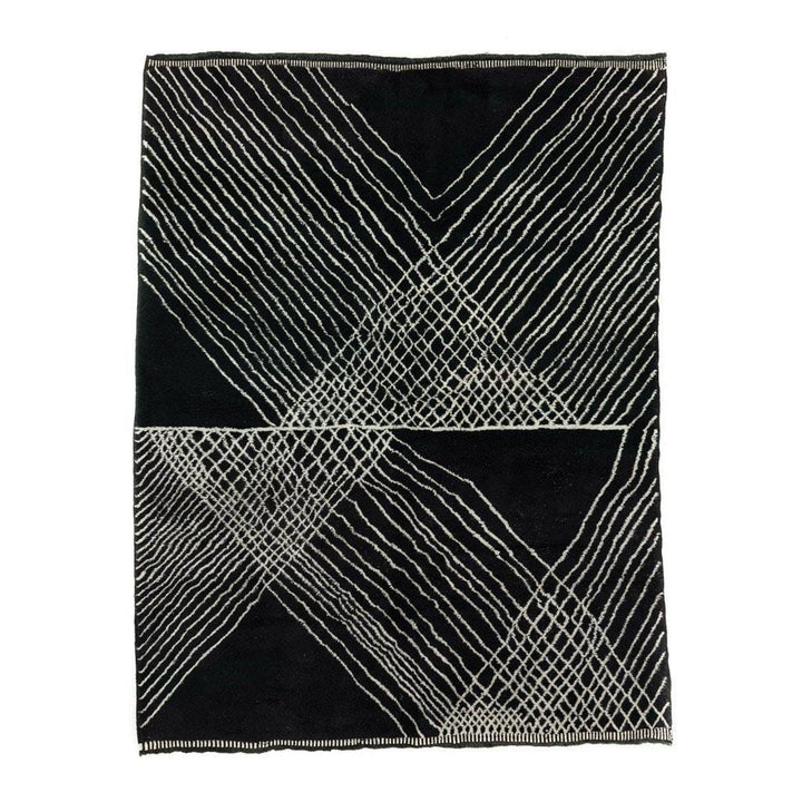 Front view of a black geometric patterned Moroccan rug with a soft texture.