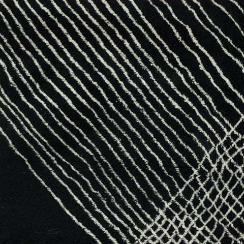Close-up detail of a black area rug showcasing its geometric pattern and soft texture.