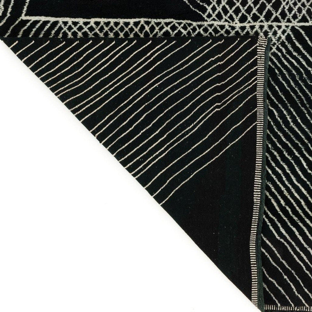 Close-up detail of a black area rug highlighting its geometric pattern and textured surface.