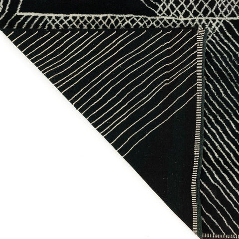 Close-up detail of a black area rug highlighting its geometric pattern and textured surface.