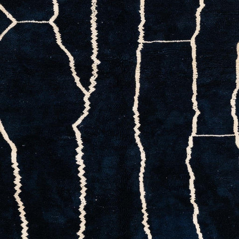 Detail view of a black and white abstract Beni Ourain Moroccan rug showcasing its handmade quality.