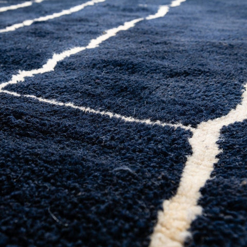 Detail shot of a black and white abstract Beni Ourain Moroccan rug highlighting its soft texture.