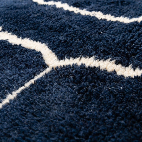 Detail view of a black and white abstract Beni Ourain Moroccan rug emphasizing its textured surface.