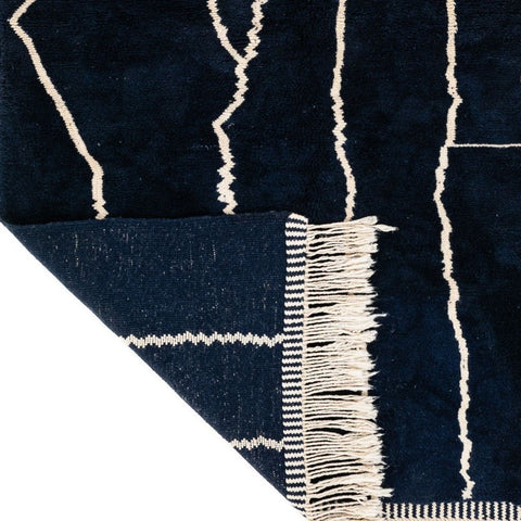 Detail view of a black and white abstract Beni Ourain Moroccan rug featuring an abstract design.
