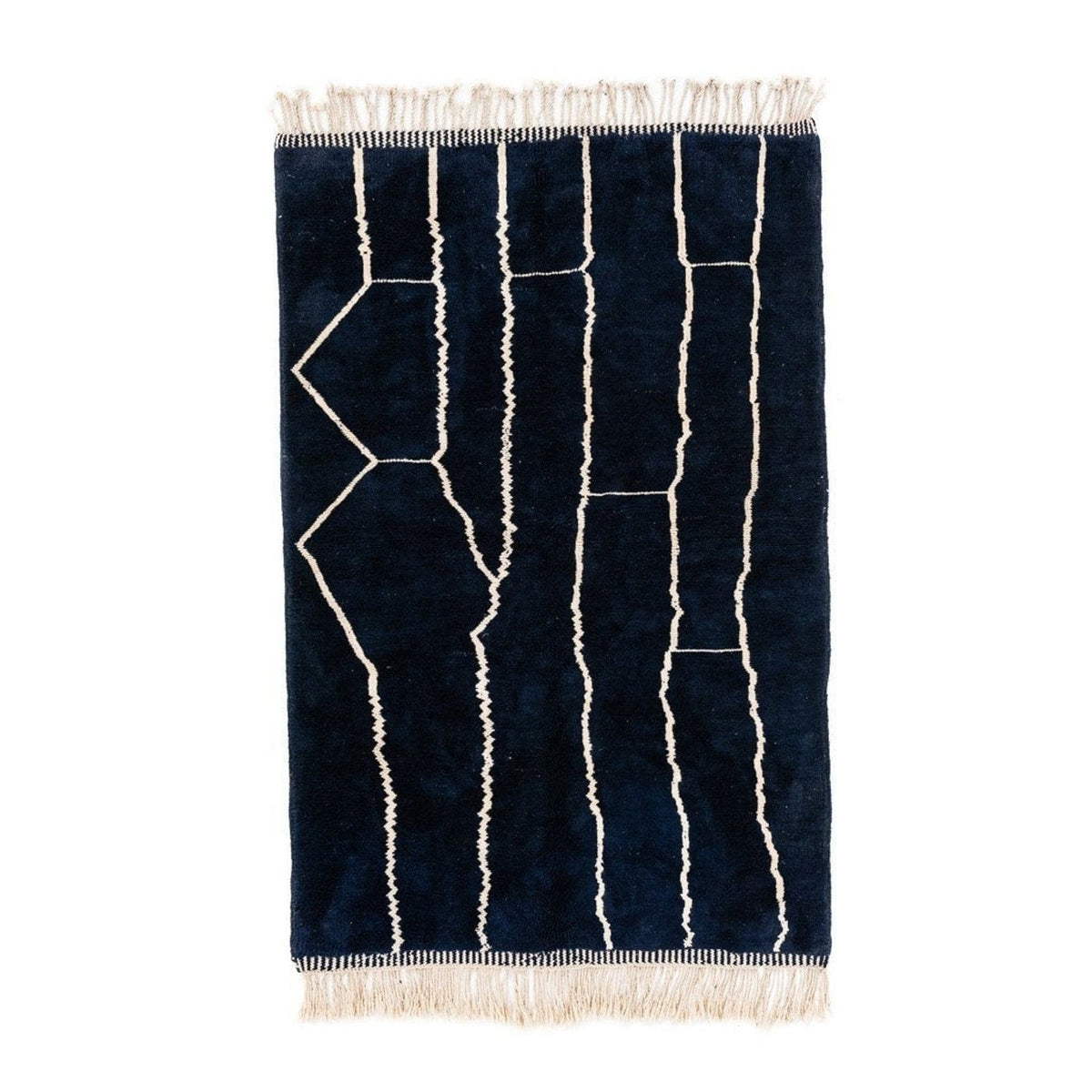 Front view of a black and white abstract Beni Ourain Moroccan rug with geometric patterns.