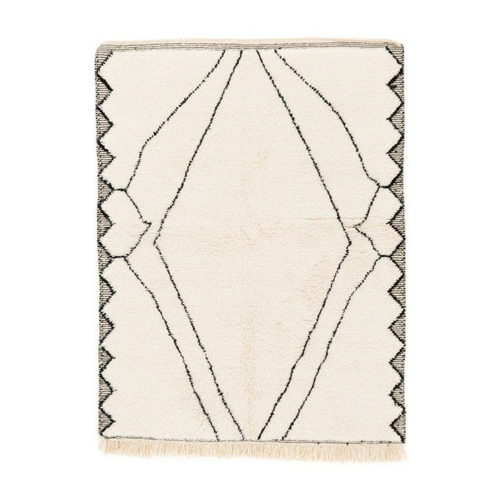 Front view of the ivory diamond Moroccan area rug featuring a geometric pattern.