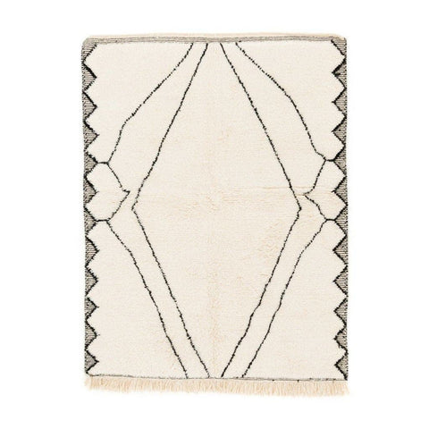 Front view of the ivory diamond Moroccan area rug featuring a geometric pattern.