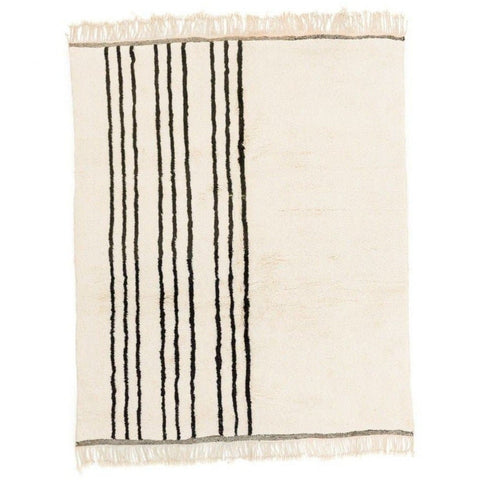 Detail close-up of black and white striped area rug with Moroccan design.
