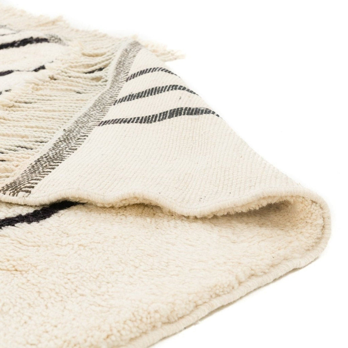 Detail close-up of a thick pile black and white striped area rug with textured stripes.