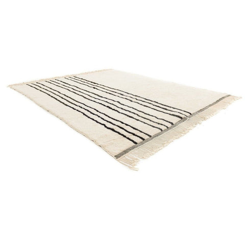 Front view of a black and white striped rug showcasing its striped pattern.
