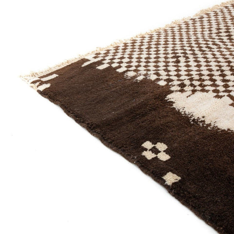Detail view of a geometric pattern on a black and white tribal rug.