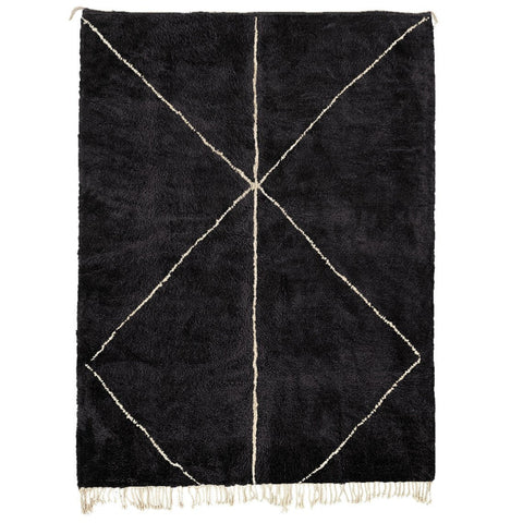 Front view of the black Moroccan rug featuring a contemporary Berber design on a white background.