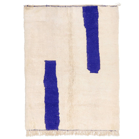 Front view of the blue and off-white color block Moroccan rug with contemporary design.