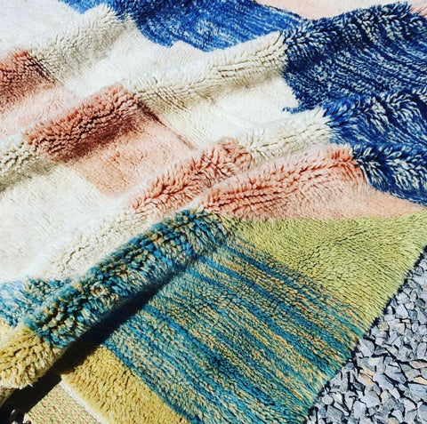Blue and Yellow Beni Mrirt White Moroccan berber rug , beni ourain custom and handmade with natural wool - Africancreates