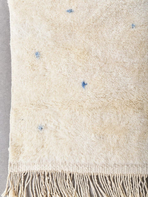 Detail close-up of the beige rug with blue accents and decorative patterns.