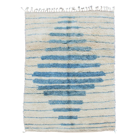 Front view of a blue striped Beni Ourain Moroccan rug featuring a striped pattern.