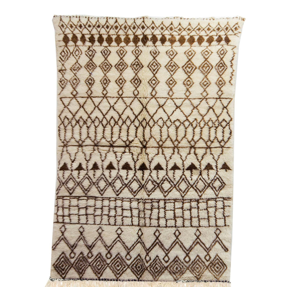 Front view of the brown striped Moroccan rug featuring tribal patterns in black and off-white.