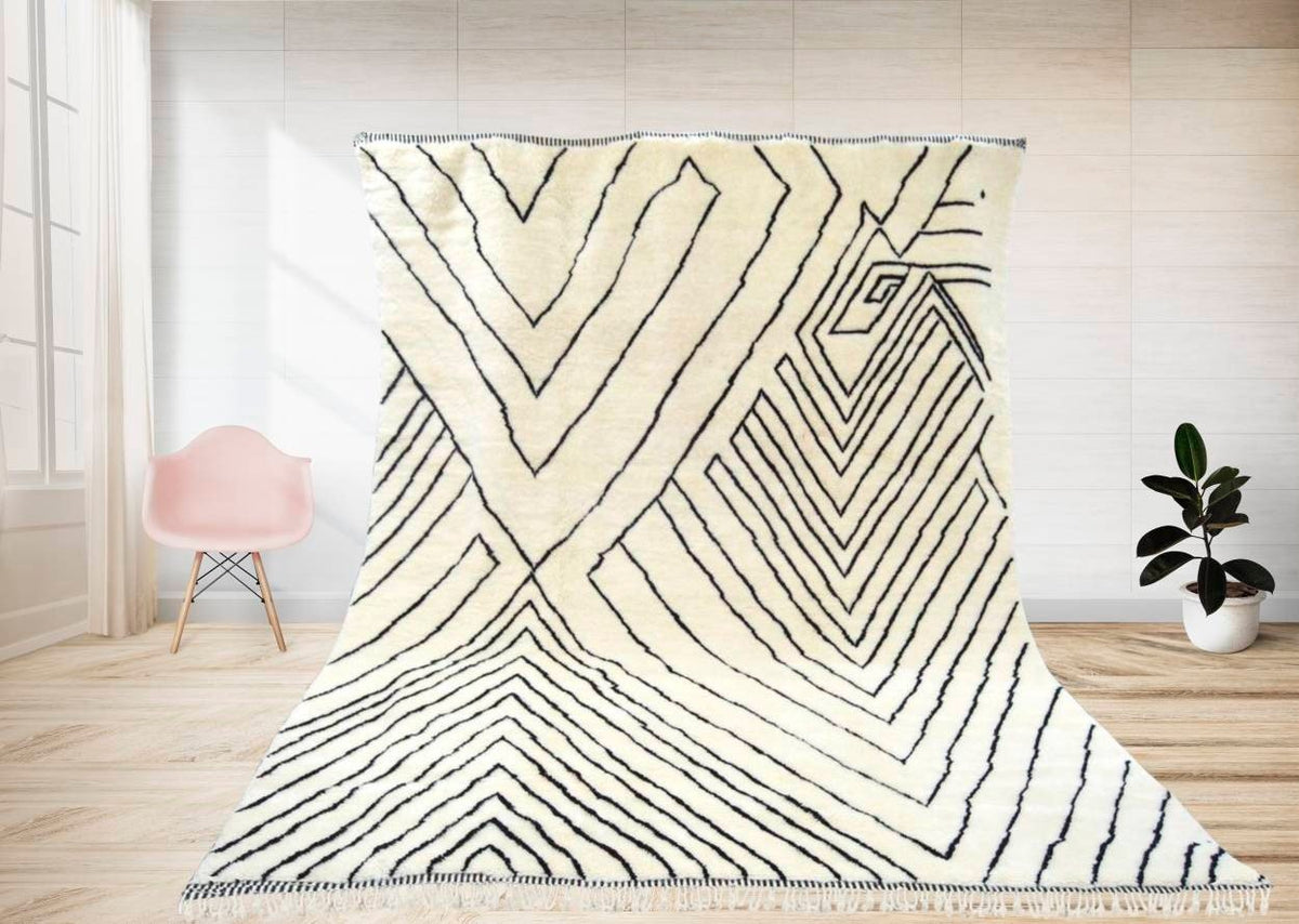 Lifestyle shot of a neutral abstract Moroccan rug with geometric patterns in a natural setting.