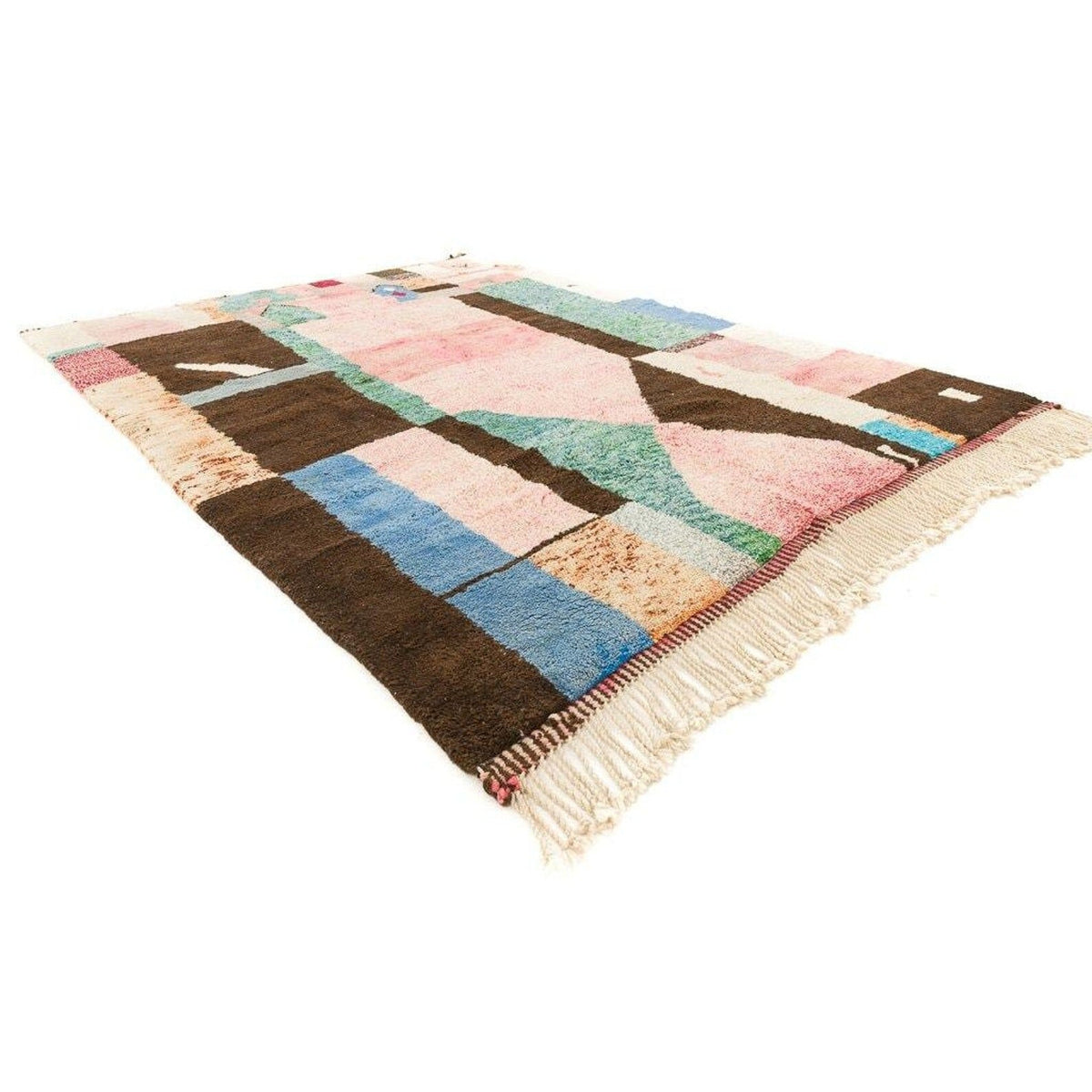 Side view of a Moroccan rug featuring geometric pattern and fringe edges in brown, blue, pink, and cream.