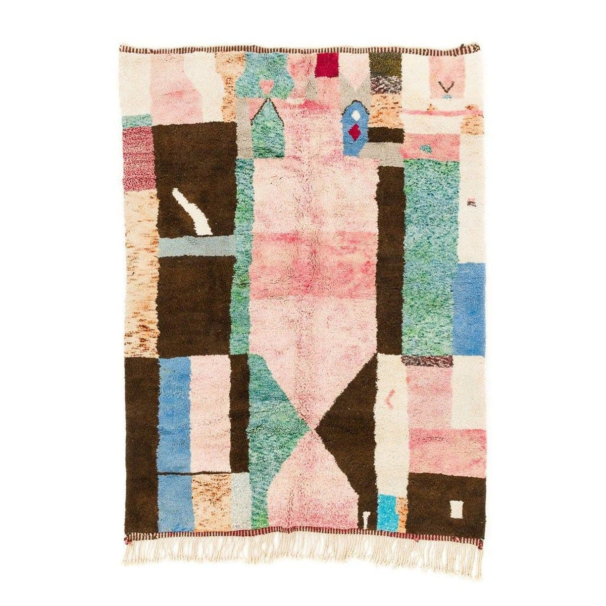 Front view of a colorful Moroccan rug featuring patchwork design in pink, brown, blue, and green.