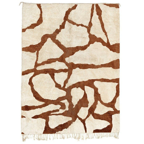 Front view of the brown and off-white Moroccan rug featuring an abstract pattern.