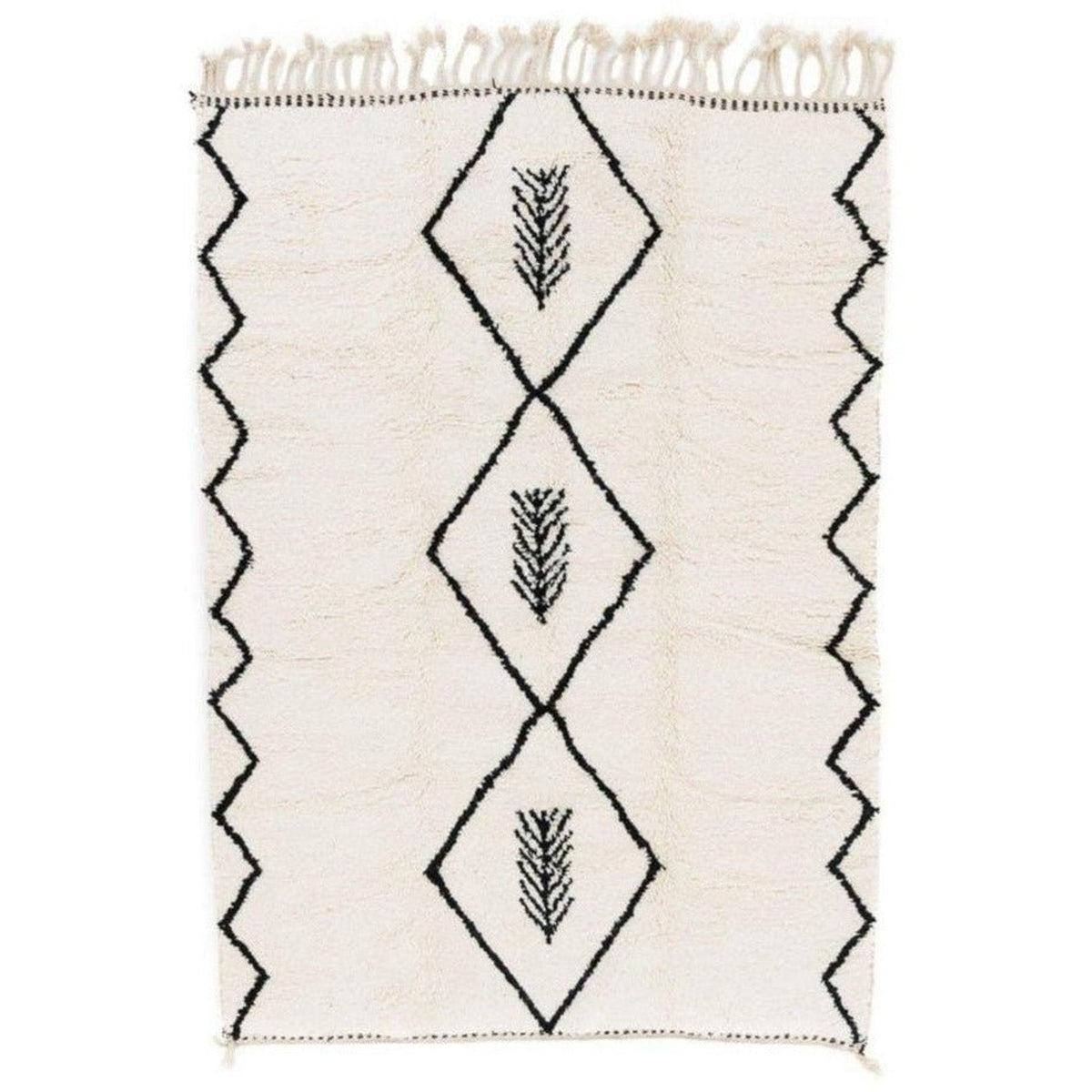 Front view of the cream dotted Moroccan rug featuring a diamond pattern and zigzag edges.