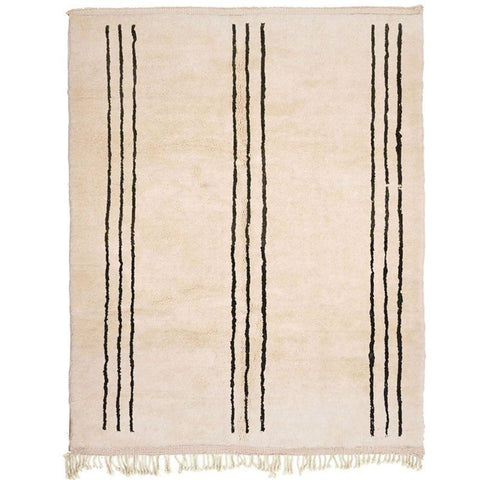 Front view of the beige striped Moroccan rug with fringe edges on a white background.