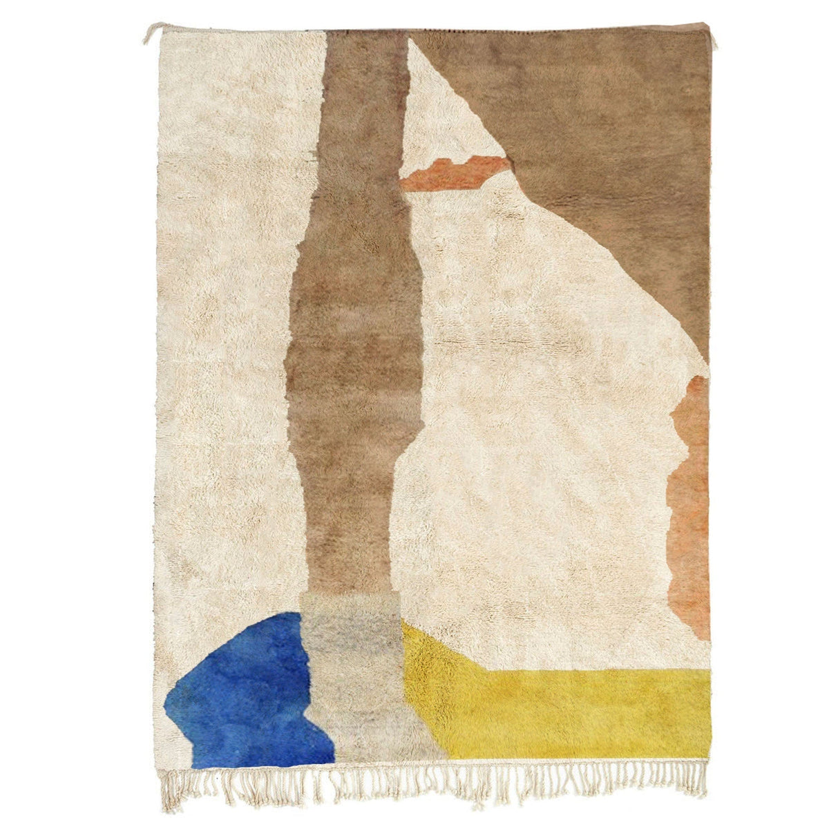 Front view of a beige and brown geometric Moroccan rug with abstract design.