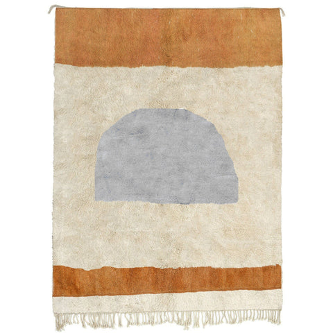 Front view of the cream, gray, and rust geometric Moroccan rug with an abstract design.