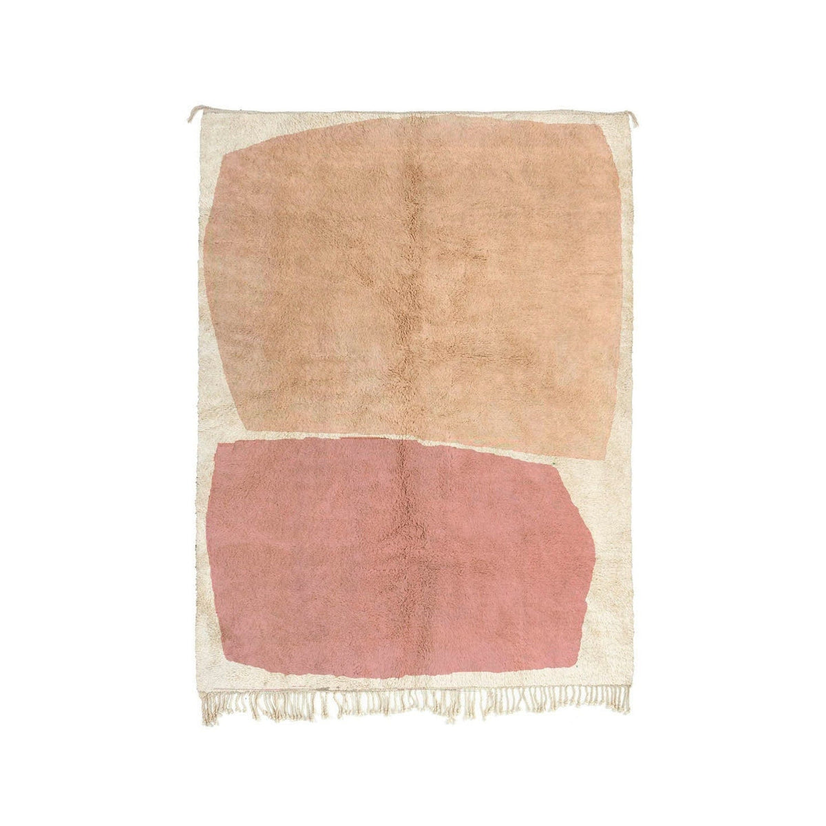 Front view of the peach and coral color block Moroccan rug featuring pink and beige tones.