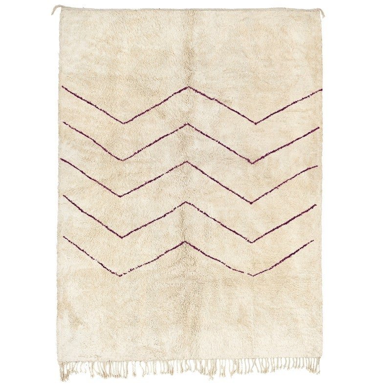 Front view of the cream striped Beni Ourain Moroccan rug featuring red zigzag patterns.