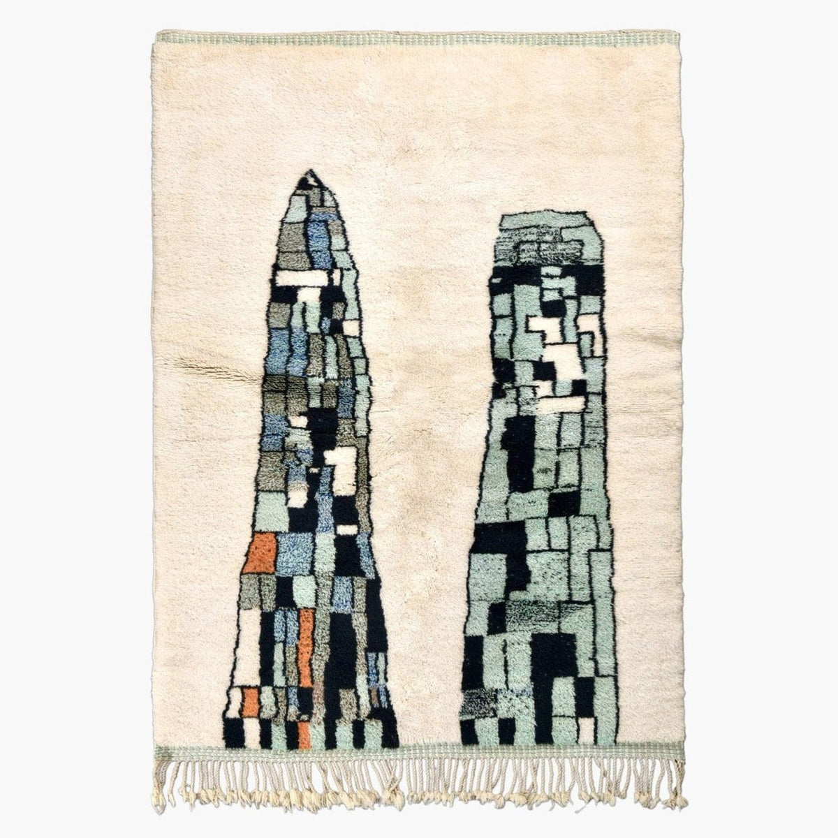 Front view of the abstract area rug featuring geometric patterns in beige, blue, and orange.